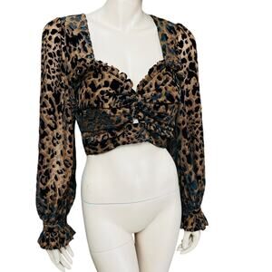 Azulu Animal Leopard Print Brown / Black Blouse Size S Long Sleeves Bell Cuff